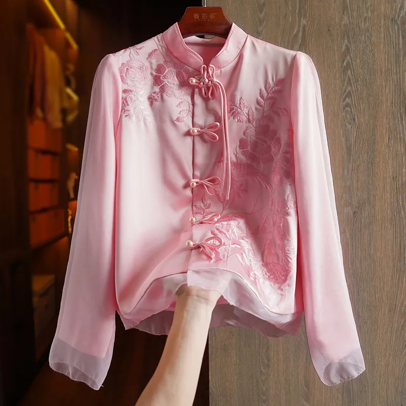 真丝正品清仓简陋设计粉色衬衫外套高端女装新中式轻国风盘扣上衣