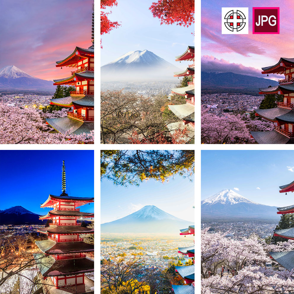竖屏日本富士山下樱花阁楼风景JPG背景图片设计素材