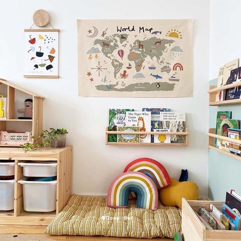 北欧INS世界地图卡通动物挂布儿童房间墙装饰背景布宝宝拍照道具