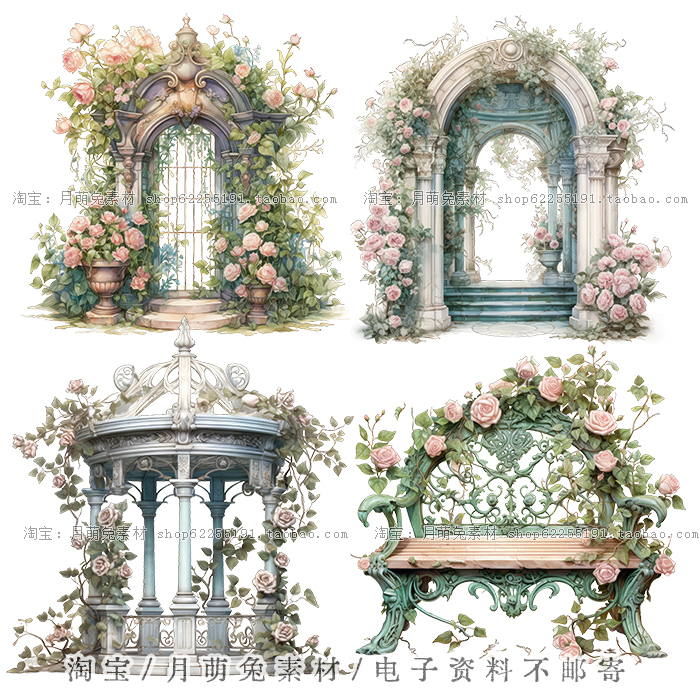欧式唯美复古花园建筑花卉椅子高清插画A4手账剪贴画PNG设计素材