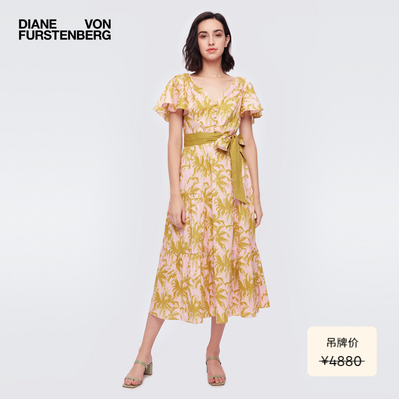 DVF  LEILA裙子女夏季新款V领柠檬粉棕榈叶印花荷叶袖连衣裙