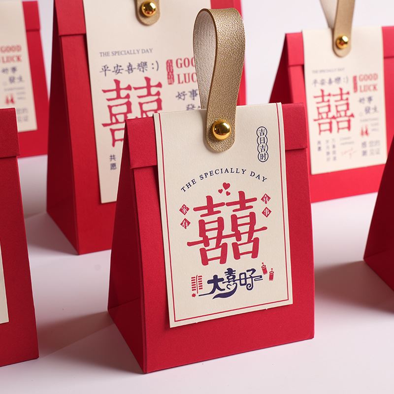 中式喜糖盒手提喜字免折叠大喜的日子简约大号可装香烟红色酒红色