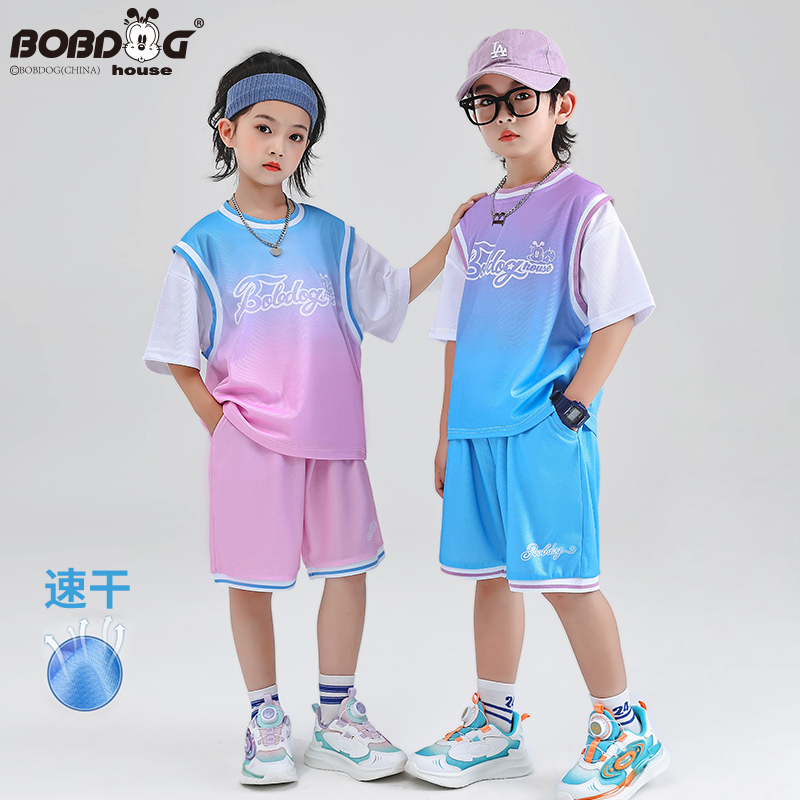 潮酷儿童穿搭 巴布豆男童夏装套装篮球服 女童炸街街舞网红球衣