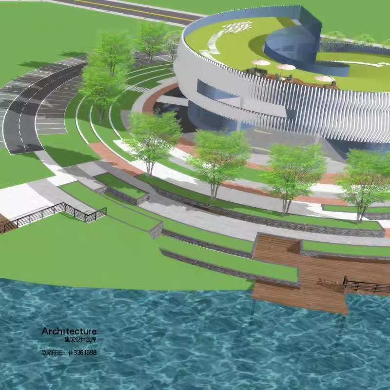 现代异形圆形螺旋上升滨江公园游客接待中心展厅建筑方案su模型