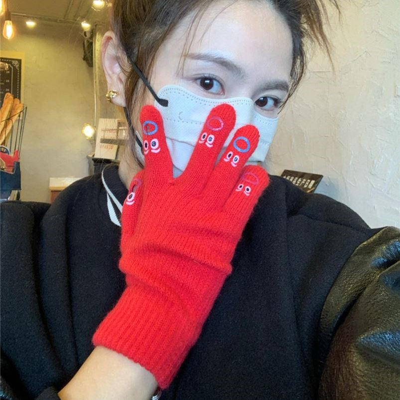 韩国可爱卡通笑脸露指触屏分指针织手套女冬季保暖五指毛线手套男