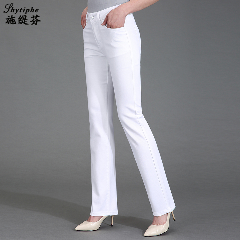 白色牛仔裤女2024夏季新款高腰直筒休闲长裤春秋大码中年女士裤子