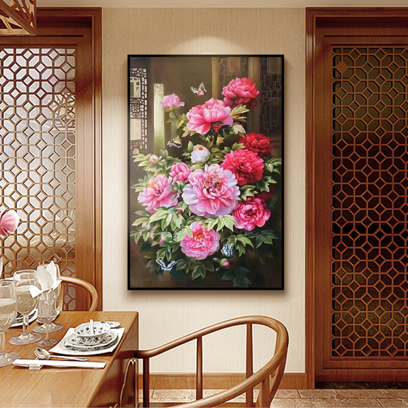 牡丹花开富贵玄关手绘油画新中式装饰画国风古写实花卉客厅挂画