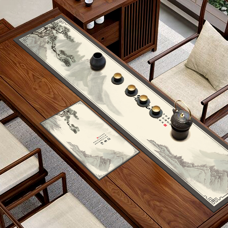 新中式防水茶席茶桌垫布茶台桌旗布艺长条皮革茶几桌布茶桌布禅意