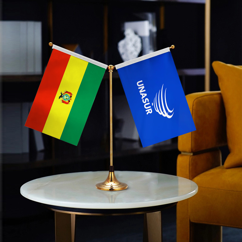 南美洲国家联盟UNASUR+玻利维亚国旗 Y型双杆钛金桌旗 贡缎旗面