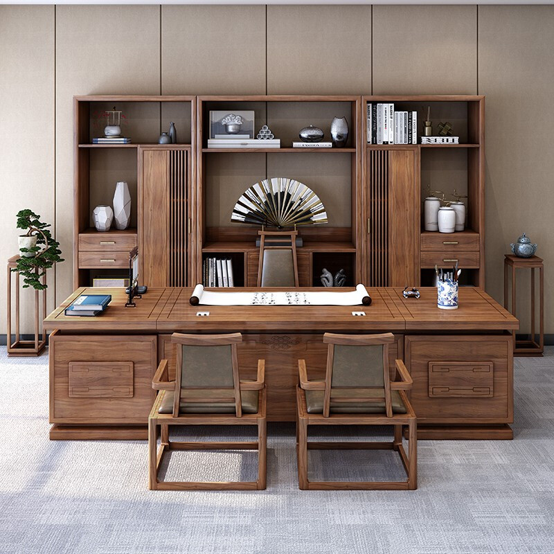 新中式实木老板桌办公桌现代简约大班台办公室书桌文件柜家具组合