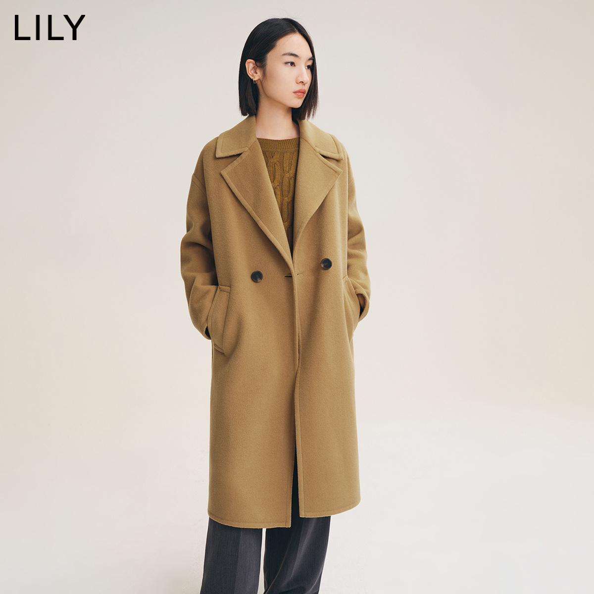 LILY2022冬新款女装复古高级感优雅柔软全绵羊毛宽松长款毛呢外套