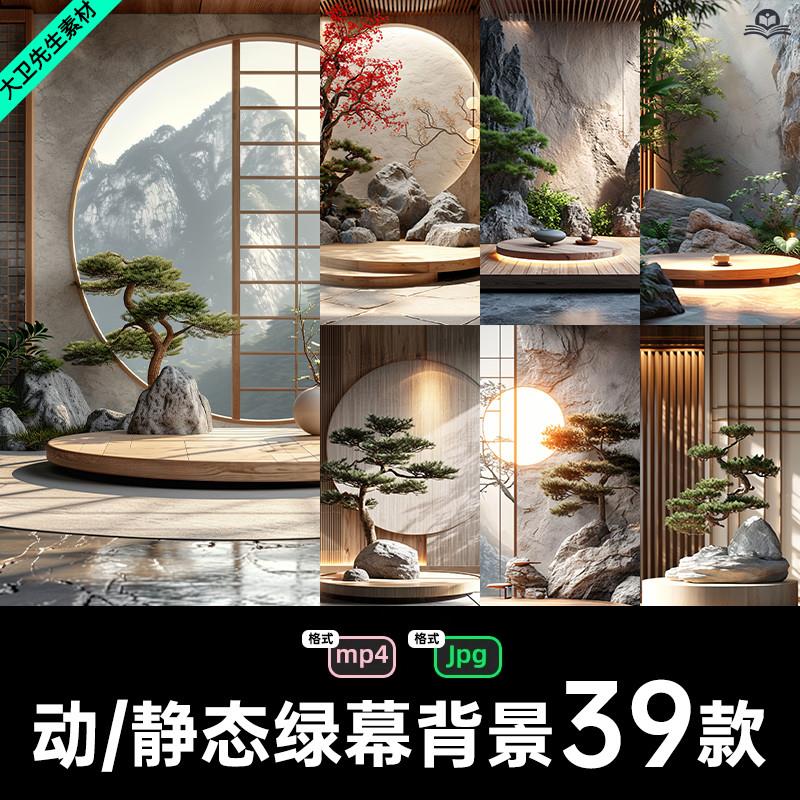 抖音直播间动态视频背景新中式中国风室内图片竖屏设计绿幕素材图