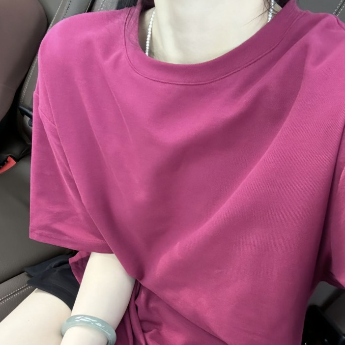 韩版女装夏季新款小心机后背镂空圆领上衣玫红小众别致短袖T恤衫