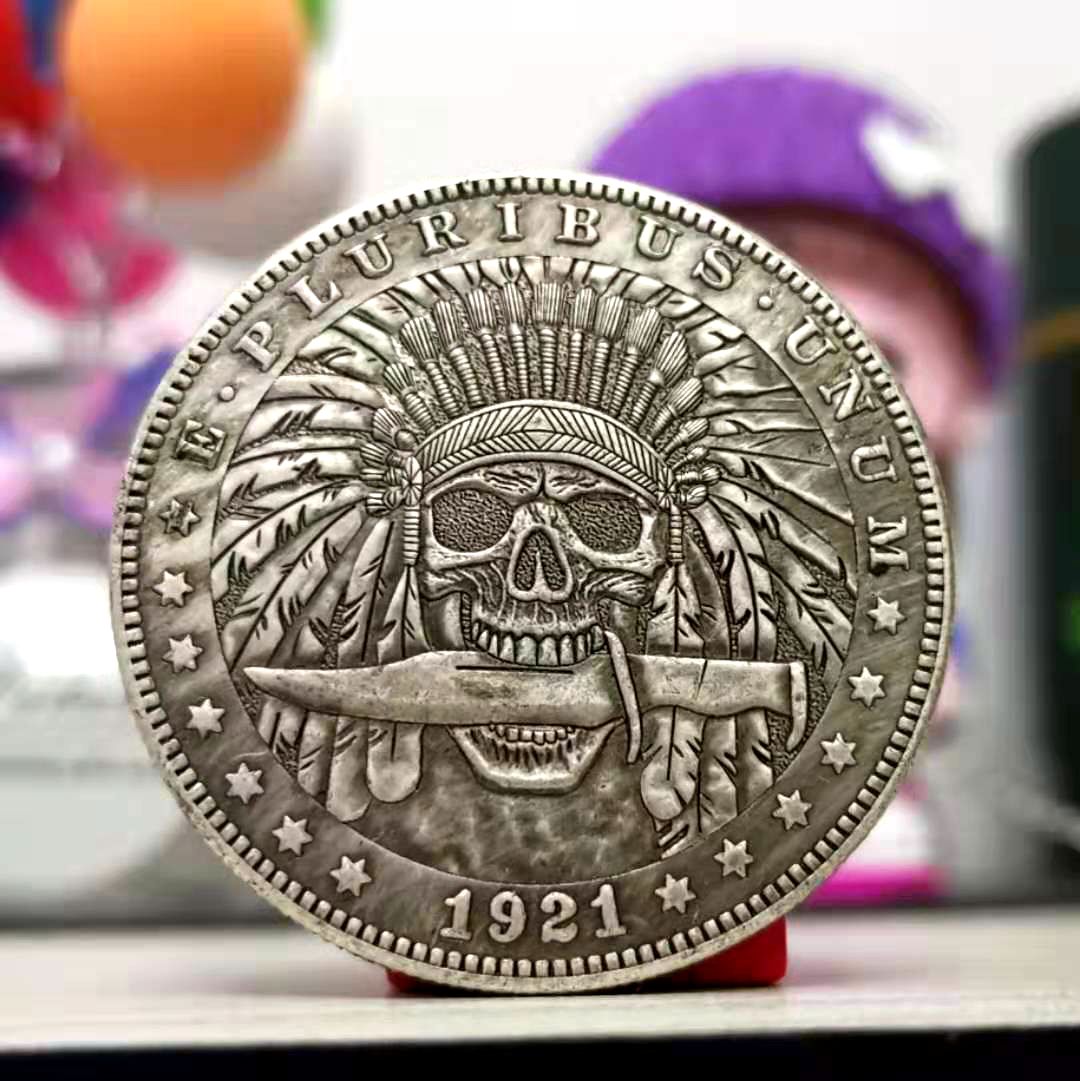 印第安酋长银币骷髅币流浪者纪念币浮雕复古硬币 妖刀雕刻外币