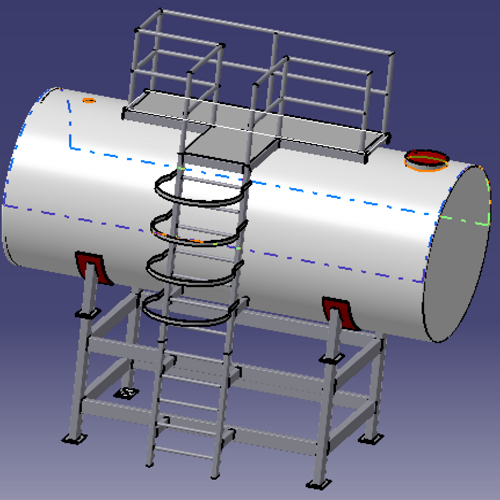 5米带爬梯子水箱水塔楼梯铁架3D三维几何数模型横置圆形截面水罐