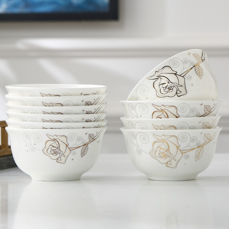骨瓷饭碗家用10只吃饭碗单个简约金丝玫瑰花碗组合唐山骨瓷碗套装