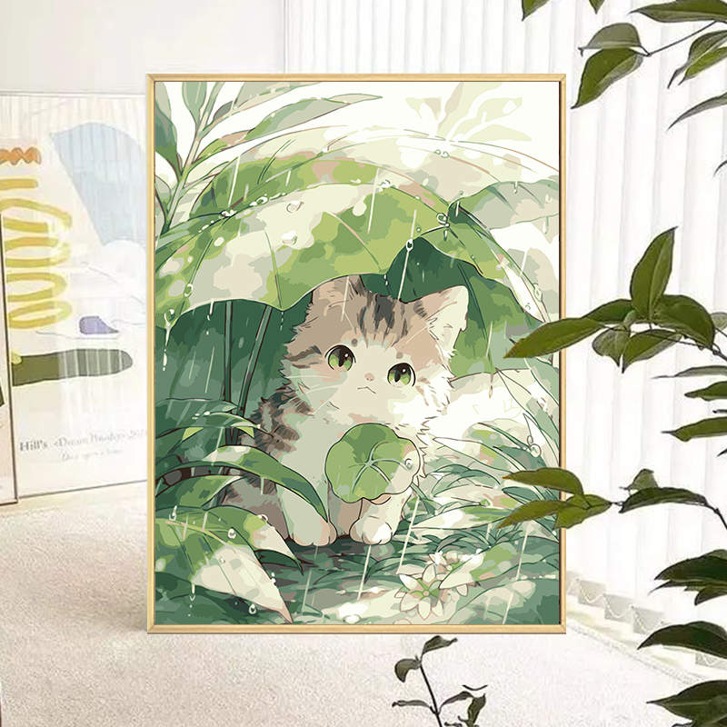 雨中猫咪 数字油画diy填充涂色手工手绘可爱丙烯油彩画装饰挂画