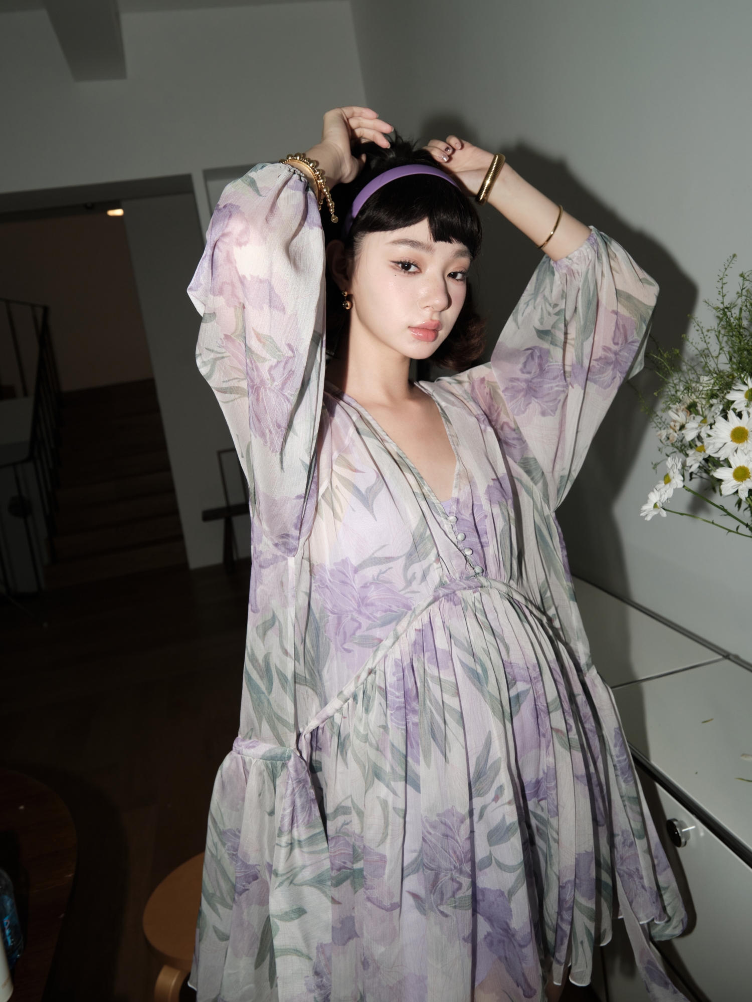 Bettychow 娃娃款紫色鸢尾花水彩画连衣裙夏季气质轻国风个性中裙