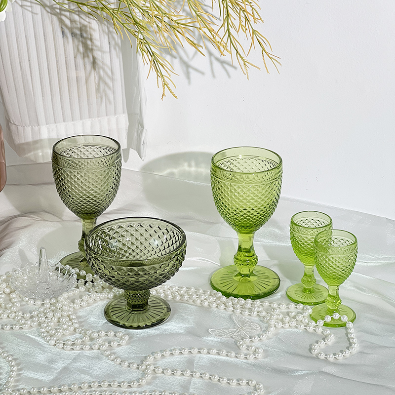 清新唯美菱形橄榄绿高脚杯钻菱形复古欧美牛奶红酒玻璃杯花器包邮