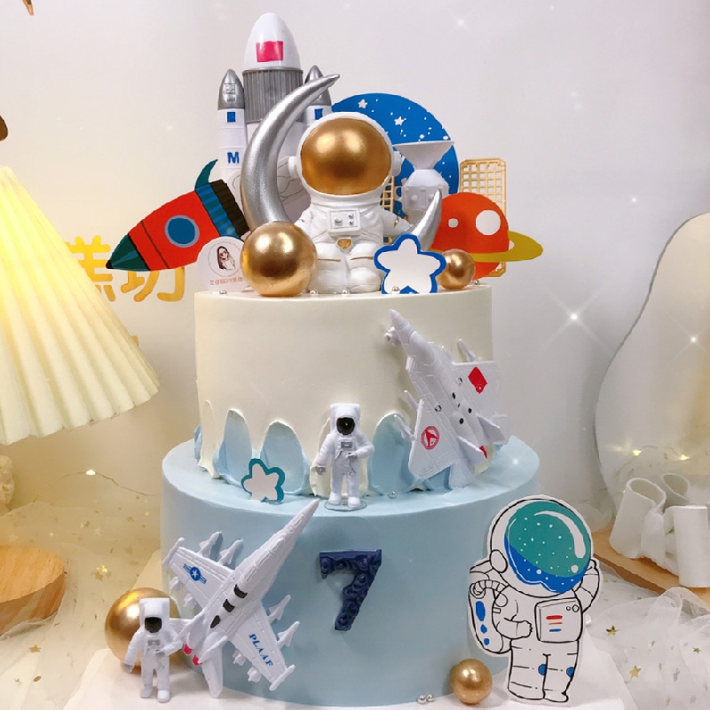 宇航员火箭太空人蛋糕装饰插件航天宇宙飞船星空星球儿童生日摆件