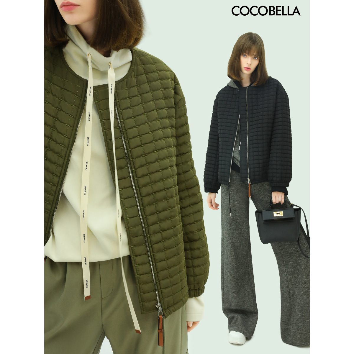 COCOBELLA绗缝格纹棒球服短外套女裸领保暖轻型棉服夹克DC601