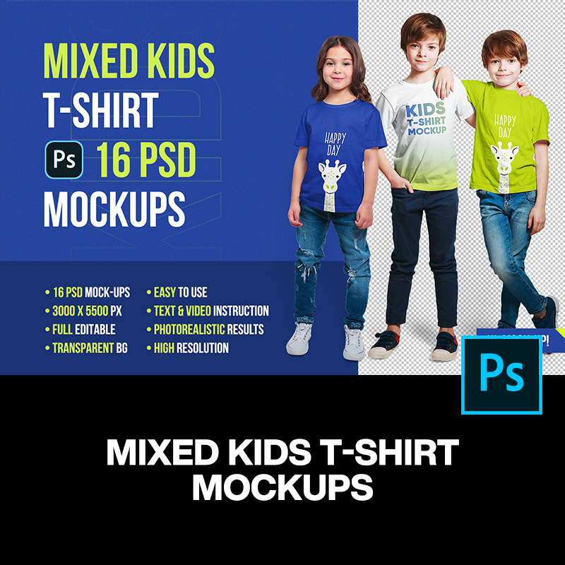 16款童装模特休闲短袖T恤服装印花贴图ps样机素材展示效果模板