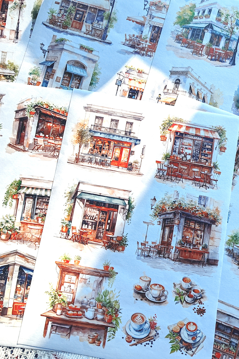 自制A4水彩复古咖啡屋和纸造境房屋手帐拼贴装饰造境胶带素材贴画