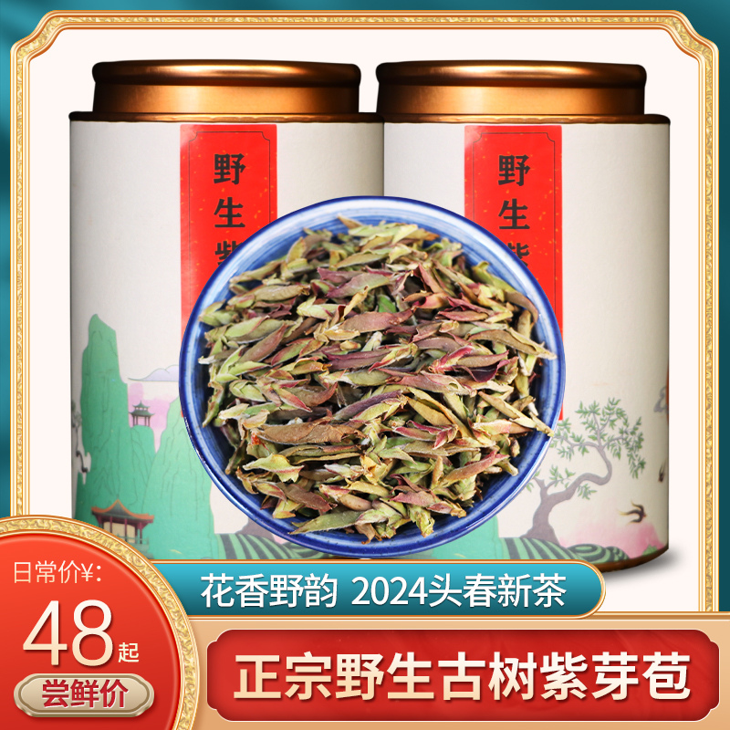 2024新茶正宗野生古树紫芽苞大雪山紫芽孢普洱茶生茶散茶春茶盒装