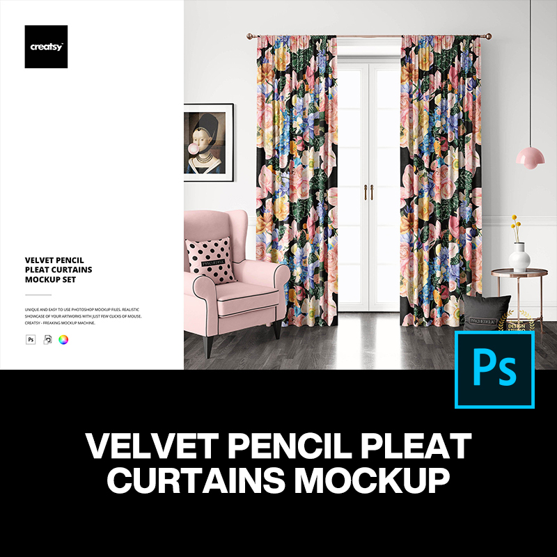 客厅墙纸天鹅绒窗帘印花图案布置设计贴图ps样机素材场景展示模板