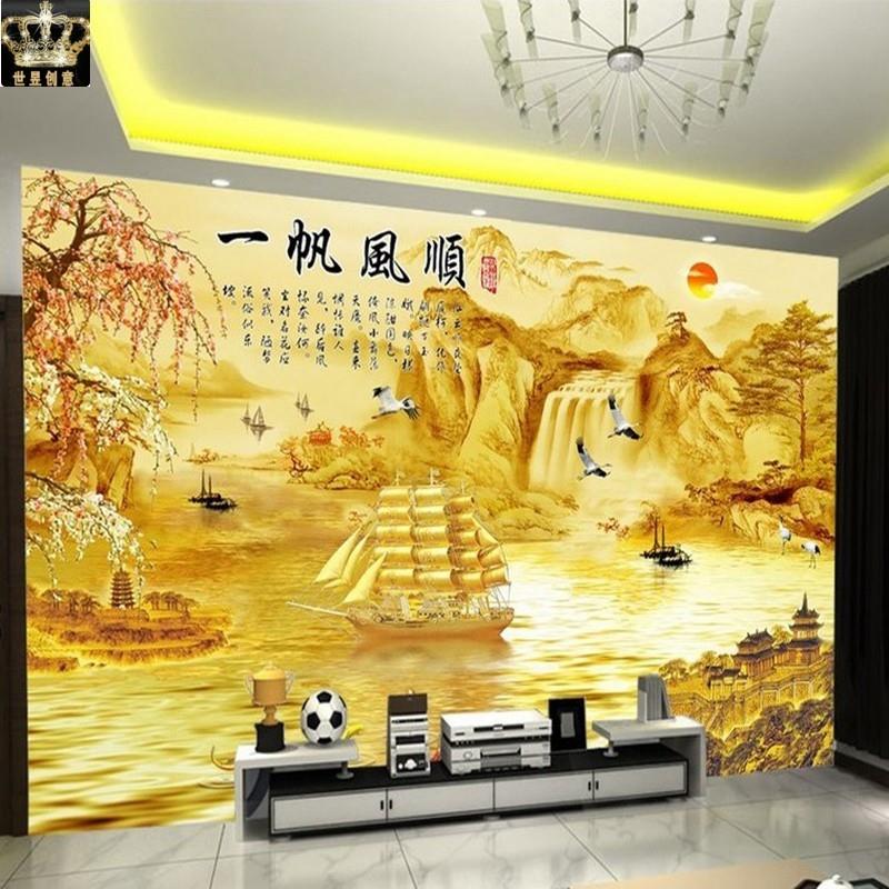 中式办公室墙纸客厅沙发电视背景墙壁纸一帆风顺壁画酒店大厅墙布