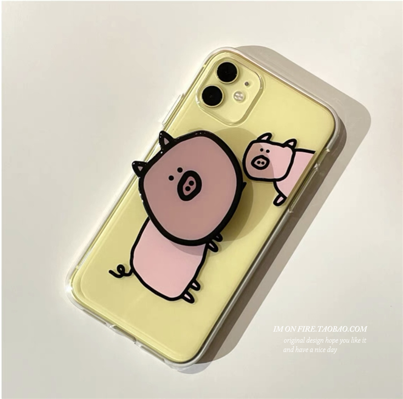 自制ins卡通可爱小众趣味简笔画情侣猪猪气囊伸缩手机壳通用支架