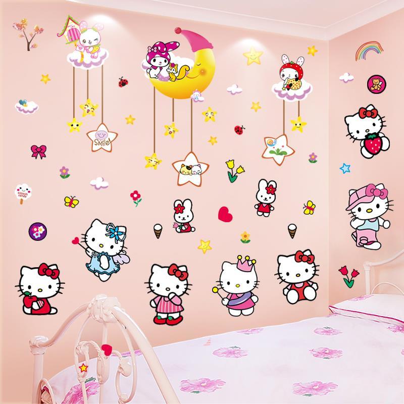 可爱卡通动漫KT猫墙贴自粘女孩儿童房间装饰品贴画卧室衣柜门贴纸