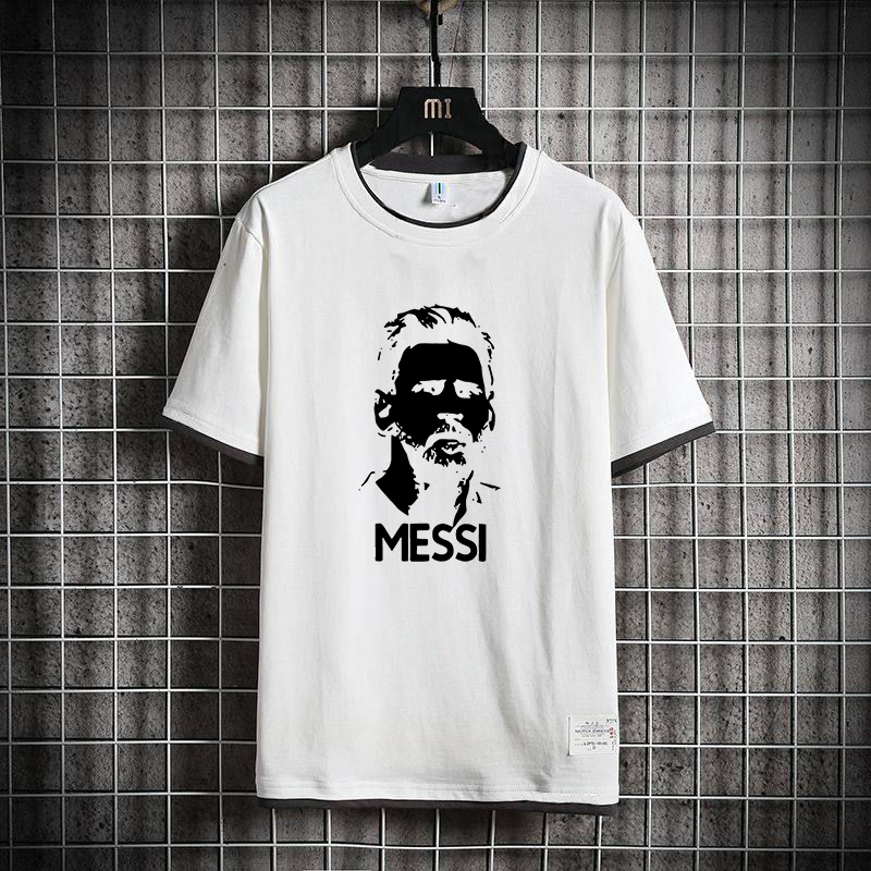 阿根廷Messi梅西头像圆领撞边假两件短袖T恤半袖文化衫衣服印花
