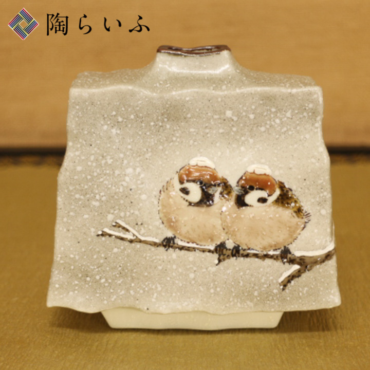 日本代购九谷烧小号迷你陶瓷花瓶两只小鸟依偎在一起中村陶志人