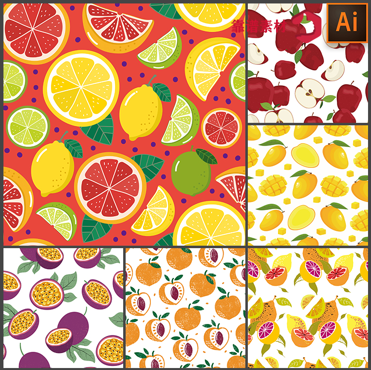 柠檬芒果苹果橘子墙纸服饰泳装切面水果印花图案AI矢量设计素材