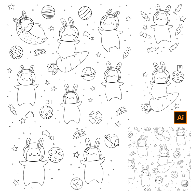 黑白色可爱卡通小兔子线稿简笔画手绘动物儿童插画AI矢量设计素材