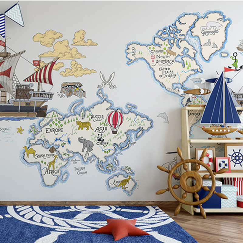 卡通历险独角兽儿童房男女孩定制无缝壁画墙壁纸海盗船世界地图