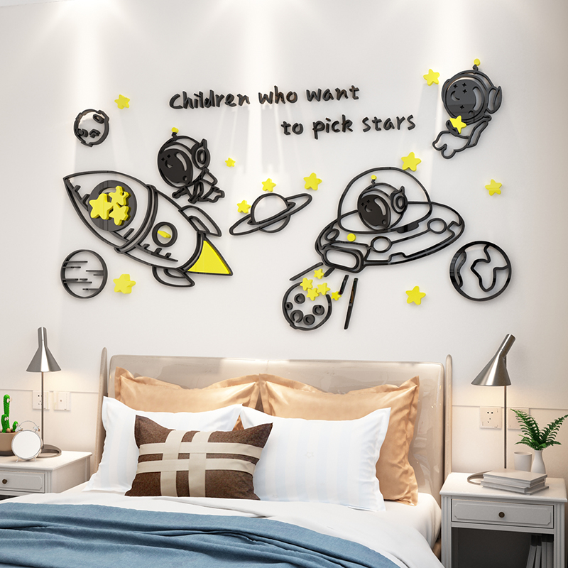 太空人墙面贴装饰宇航员网红儿童小房间布置男孩卧室床头改造背景