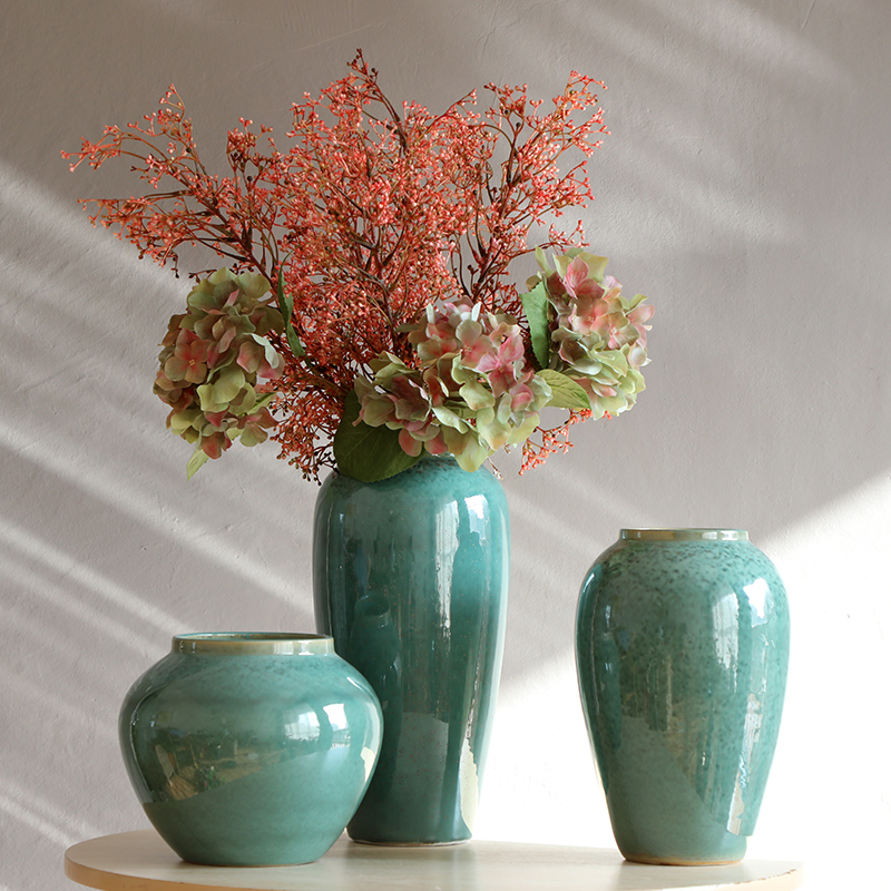 景德镇客厅中式装饰陶瓷小绿色花瓶摆件复古陶罐粗陶鲜花水培花瓶