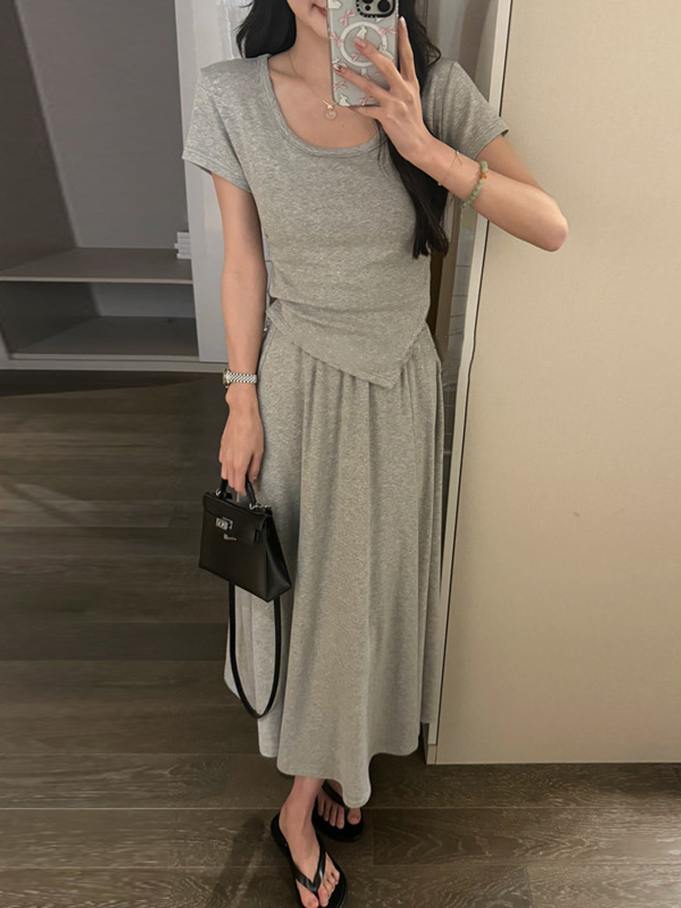 夏装搭配一整套韩系2024新款灰色半身裙连衣裙子女长裙两件套装裙