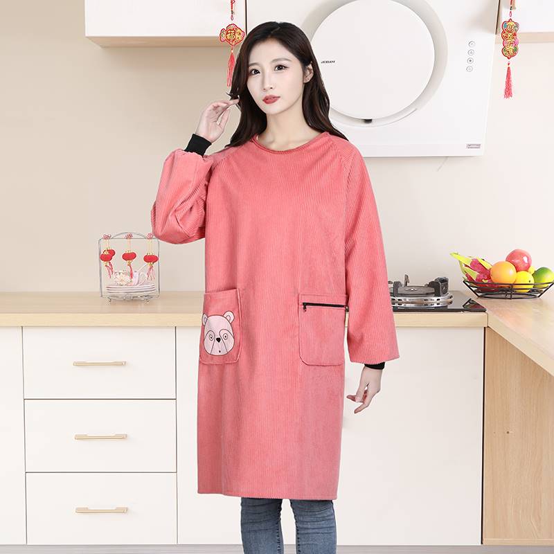 长袖灯芯绒防水围裙2021新款网红女洋气厨房家用清洁纯色可爱罩衣