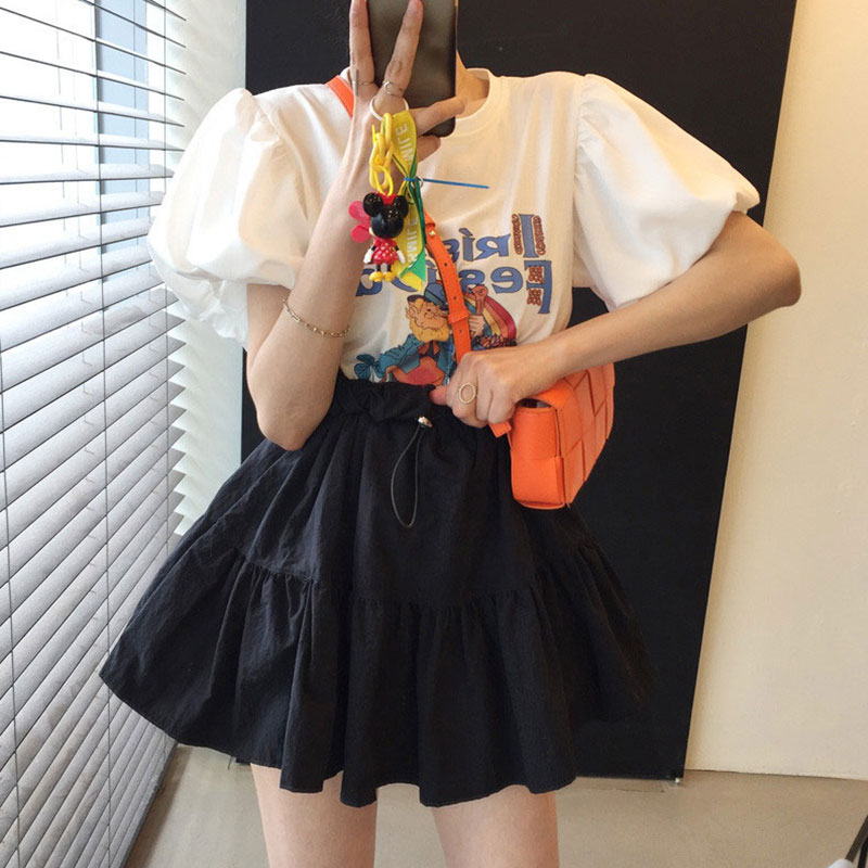 韩国chic夏季俏皮减龄圆领卡通字母灯笼袖T恤+高腰抽绳蓬蓬半身裙