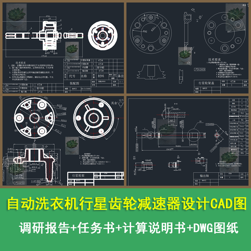 自动洗衣机行星齿轮减速器设计装配图CAD图(设计说明+DWG图纸)