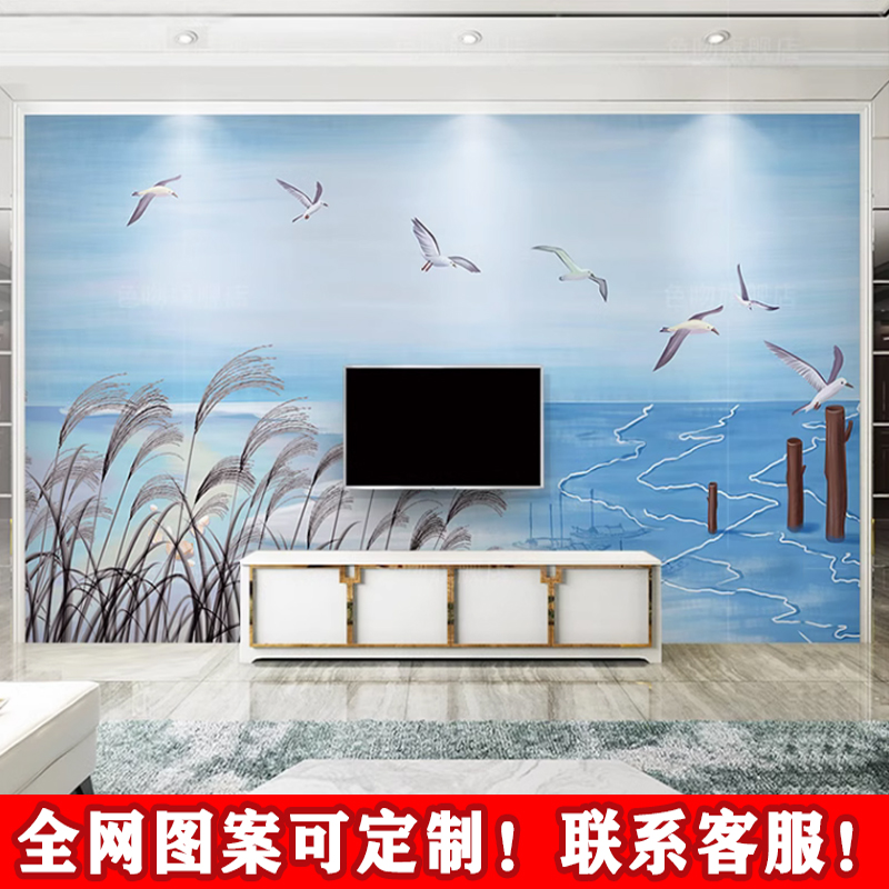 北欧地中海油画海鸥壁纸海滩芦苇沙滩电视背景墙现代卧室沙发壁画