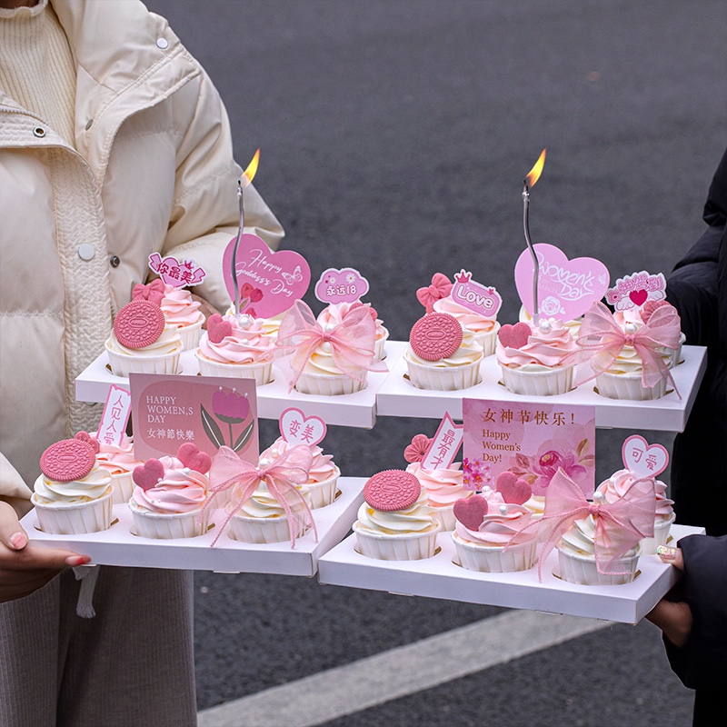 38女神节纸杯蛋糕装饰三八妇女节日快乐爱心卡片甜品台饼干插件