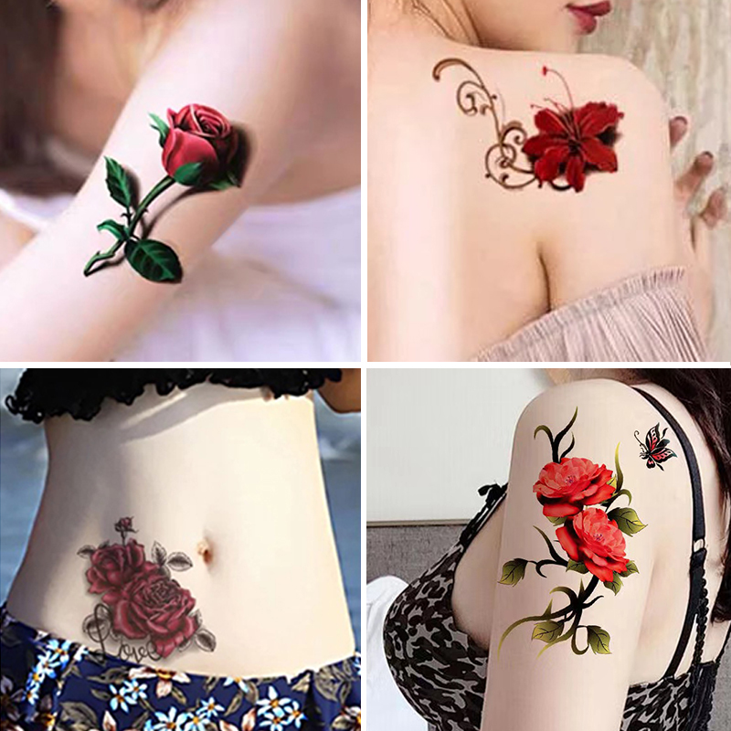 手臂3D玫瑰花纹身贴防水女持久遮盖疤痕肚子高级感仿真刺青小图案