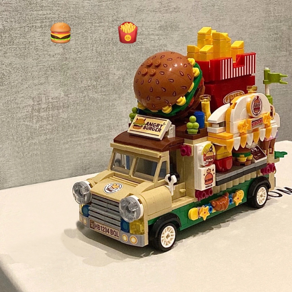 复古汉堡车冰淇淋车积木城市街景美食小颗粒益智拼装男女玩具礼物