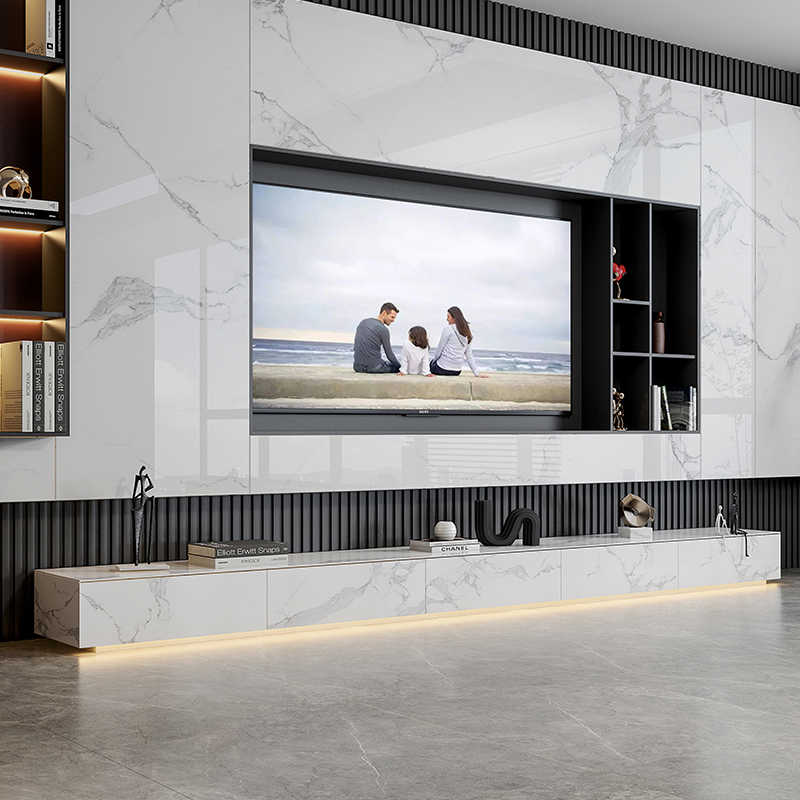 轻奢亮光岩板地台带抽屉现代简约茶几电视柜组合背景墙矮地柜4米2