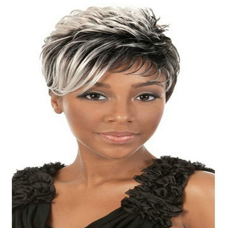 外贸速卖通货源反翘假发女士短发银黑混色个性非洲短卷发化纤头套