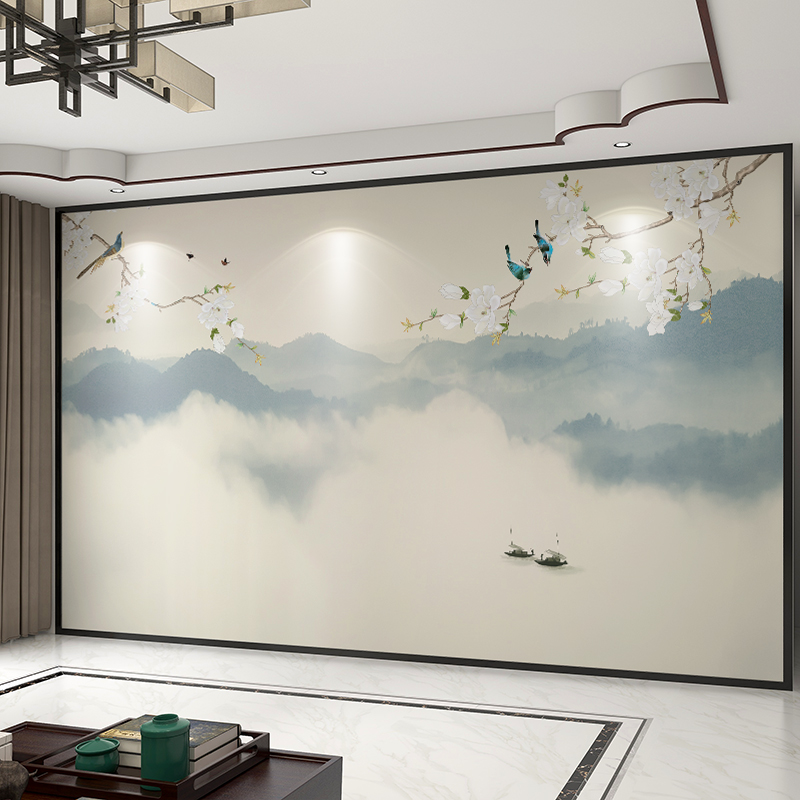 壁布定制现代中式3D花鸟电视背景墙壁纸卧室墙纸客厅影视墙布壁画